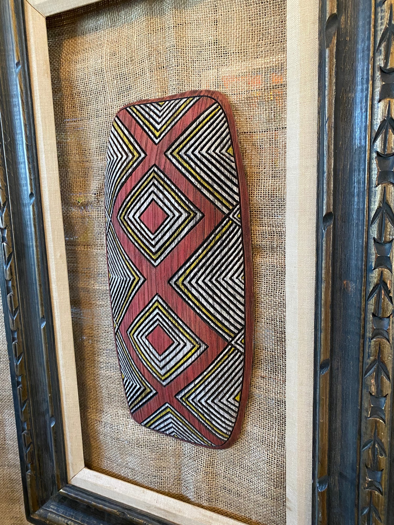 Image of 16.25”x7” Aborigines Inspired Shield Wall Hanger (Frame Not Included) - Yellow/Red/White (b)