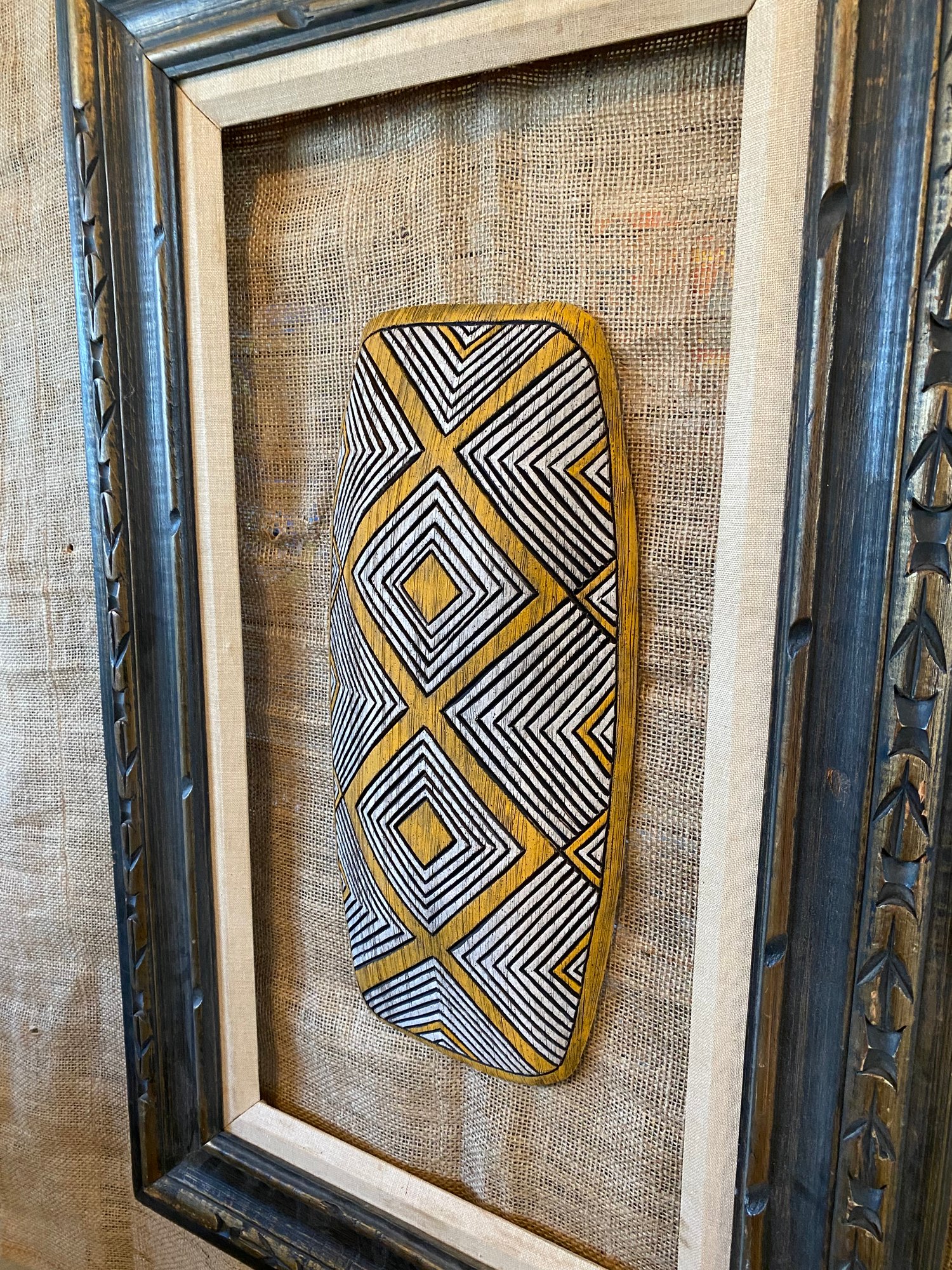 Image of 16.25”x7” Aborigines Inspired Shield Wall Hanger (Frame Not Included) - Orange/White