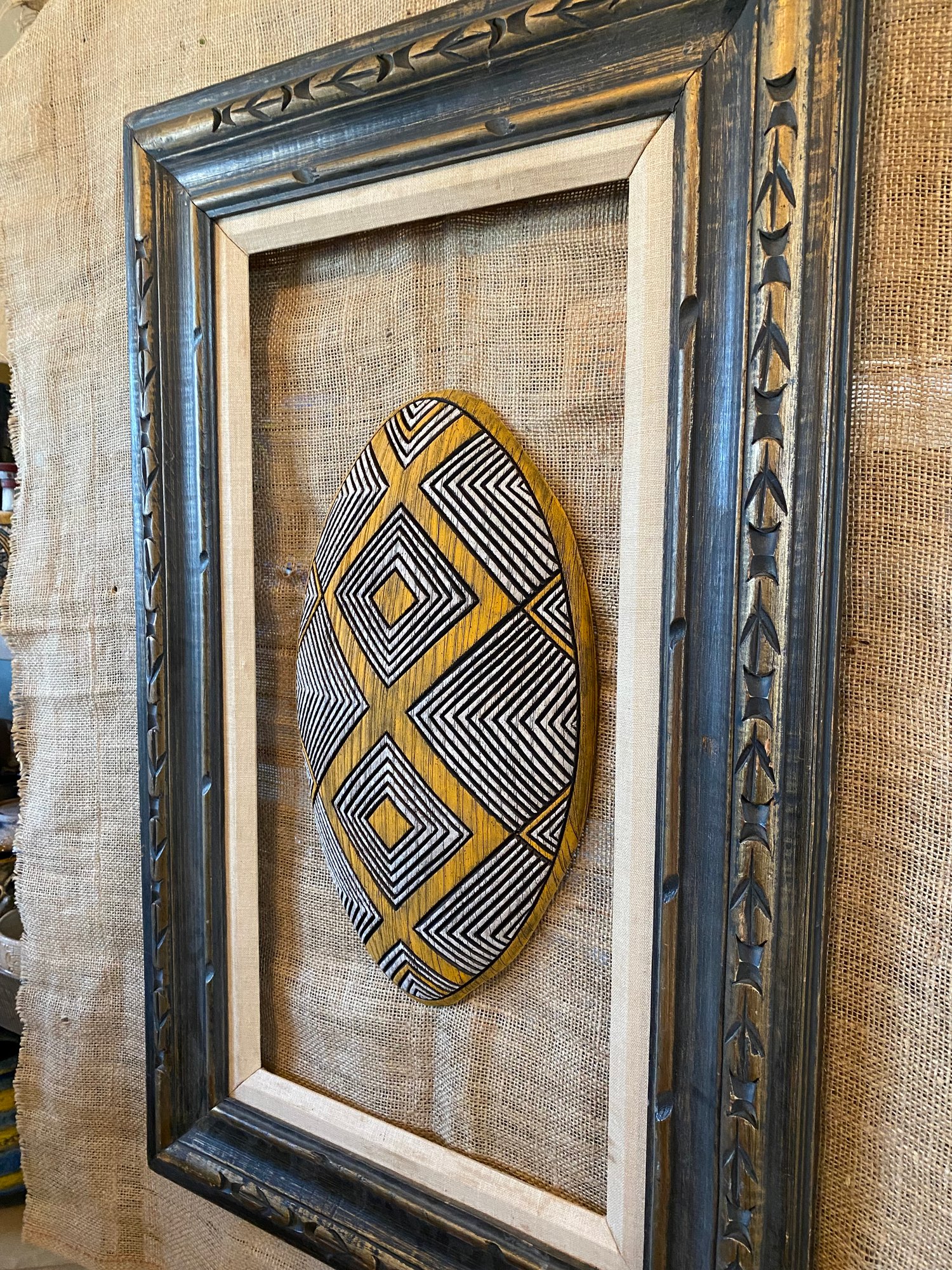 Image of 16.5”x 9.75” Tribal Wall Shield (Frame Not Included) - Orange/White