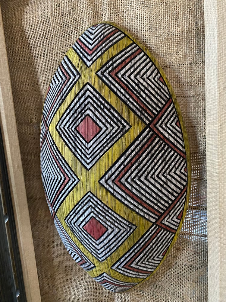 Image of 17”x 9.75” Aborigines Inspired Shield Wall Hanger (Frame Not Included) - Red/Yellow/White (a)
