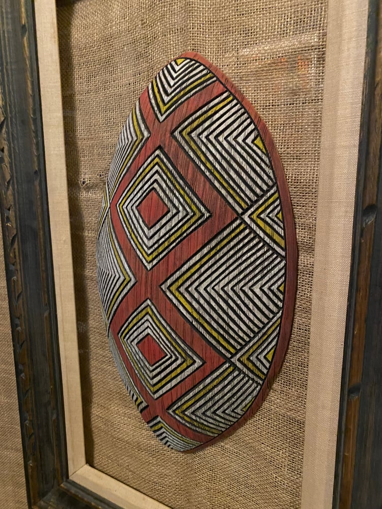 Image of 17”x 9.75” Aborigines Inspired Shield Wall Hanger (Frame Not Included) - Red/Yellow/White (b)
