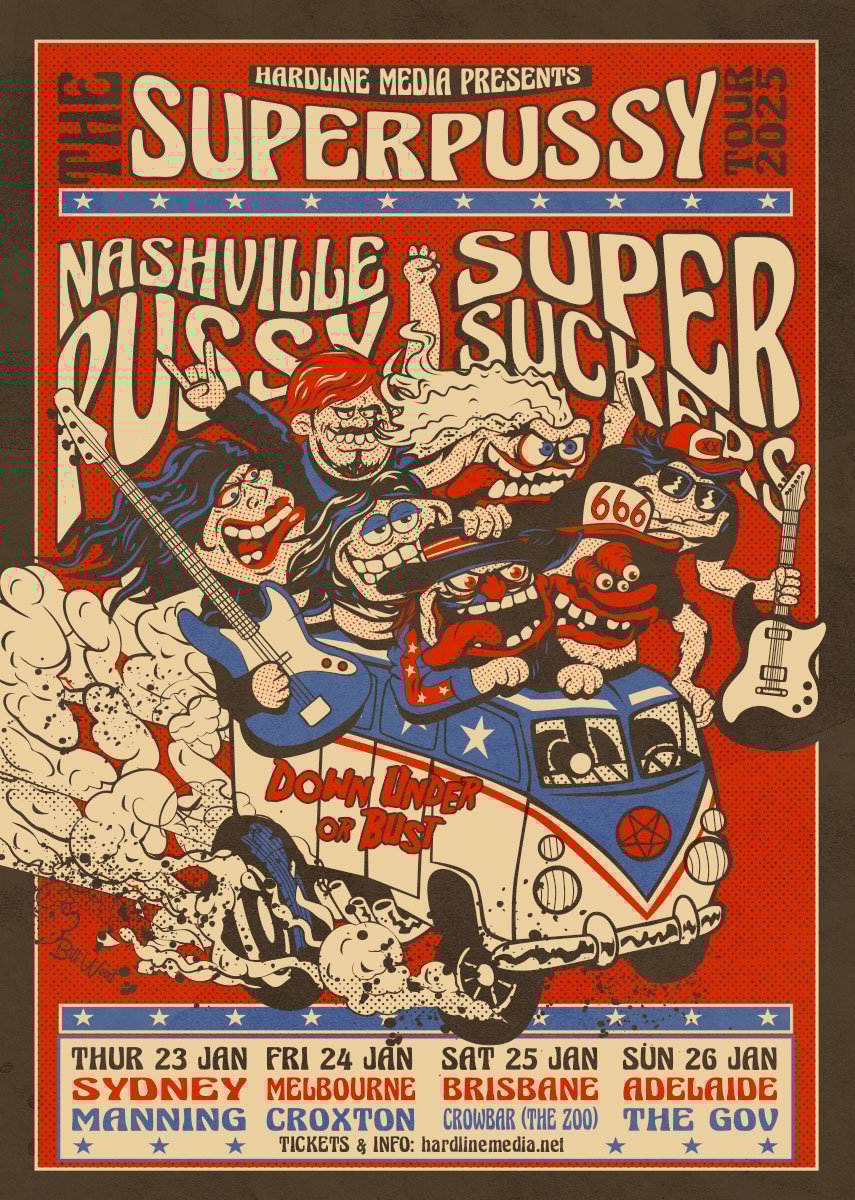 Image of NASHVILLE PUSSY + THE SUPERSUCKERS - SUPERPUSSY AUSSIE TOUR POSTER A3