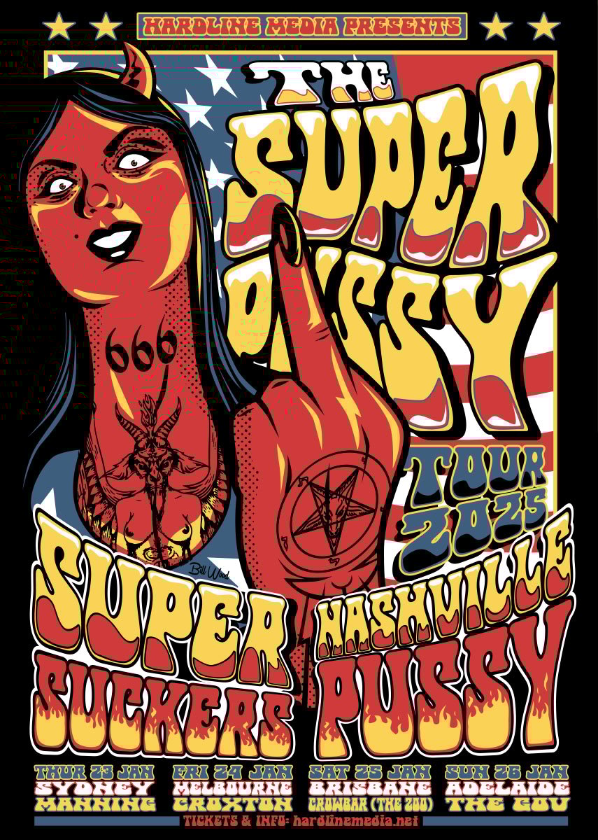 Image of NASHVILLE PUSSY + THE SUPERSUCKERS - SUPERPUSSY AUSSIE TOUR POSTER A3 v2