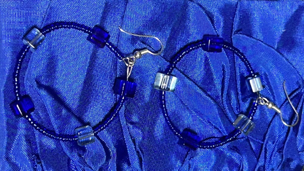 Image of Blue beaded hoop earrings 