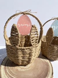 Image 1 of Seagrass Wicker Easter Basket with Bunny Ears and personalised Egg frosted acrylic tag 