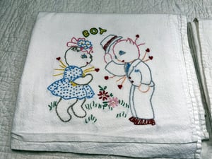 Image of Lot of 2 Vintage Cat Embroidered Flour Sack Towels