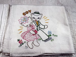 Image of Lot of 2 Vintage Cat Embroidered Flour Sack Towels