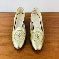 Image 1 of Vintage 1960s Gold Metallic Pastel Jewel Studded Slipper Heels
