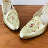 Image 2 of Vintage 1960s Gold Metallic Pastel Jewel Studded Slipper Heels