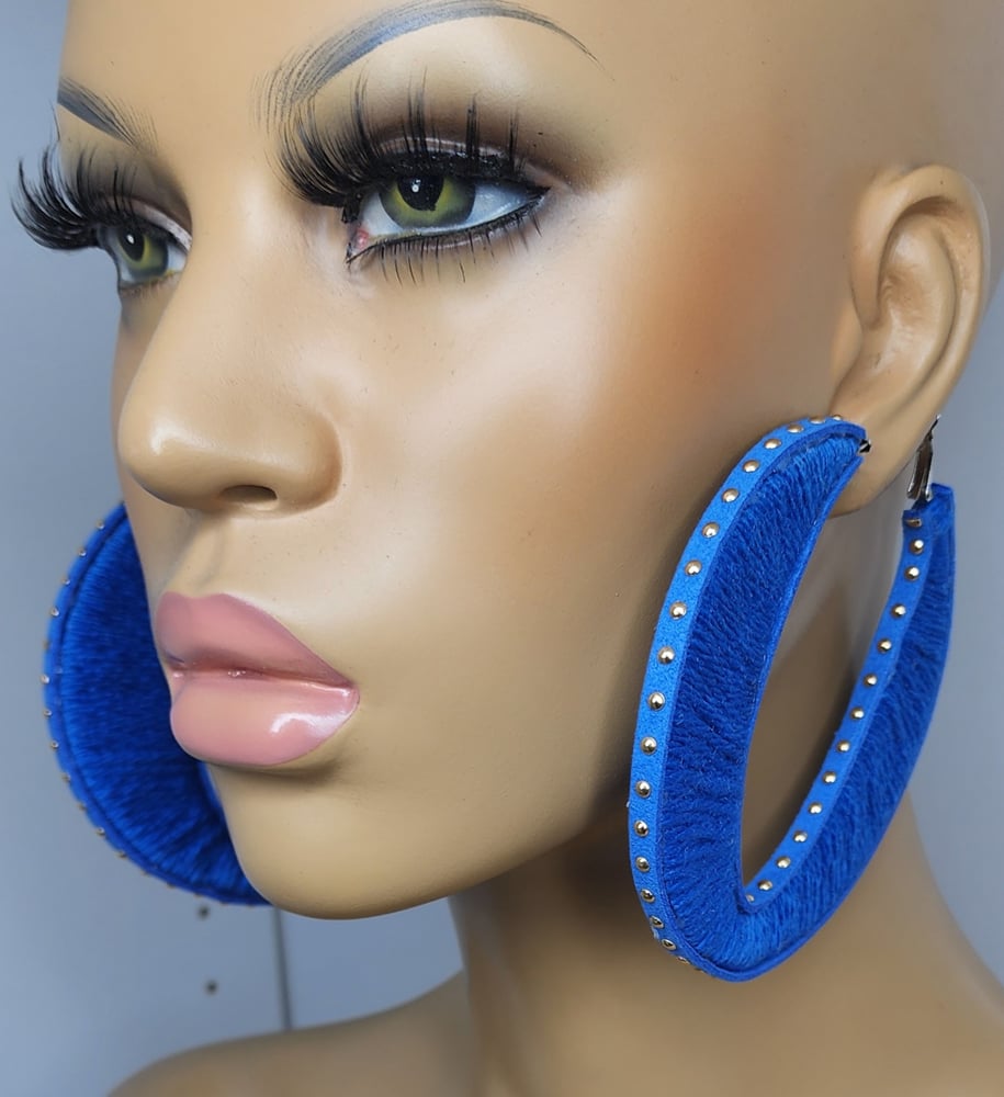 Image of Royal Blue Gold Studded Sweater Hoop Earrings