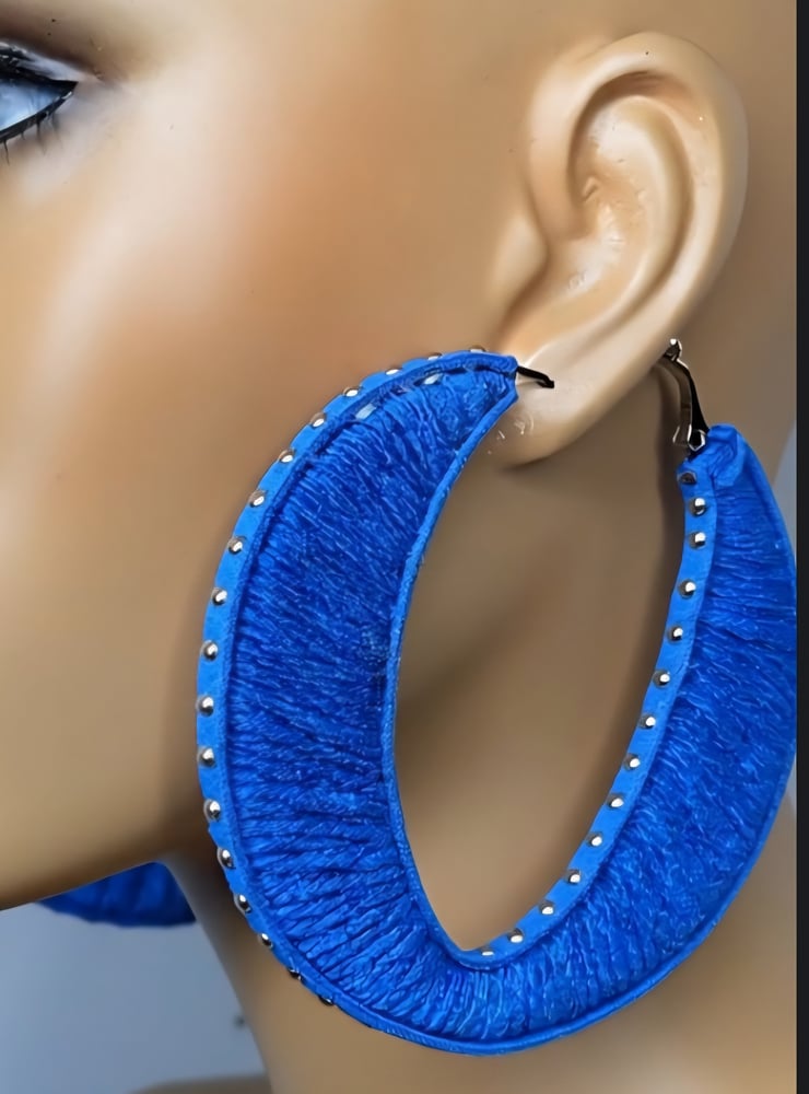 Image of Royal Blue Gold Studded Sweater Hoop Earrings