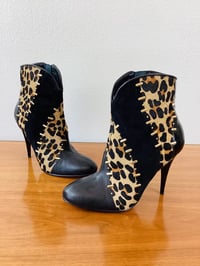 Image 1 of Vintage Leopard Print & Black Leather Beverly Feldman High Heel Boots
