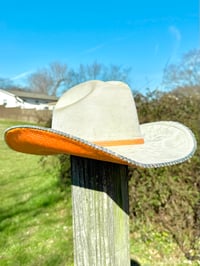 Image 1 of “Orange you Glad” Rhinestone Cowboy Hat, Covered Suede Heart Shaped Bedazzled Hats