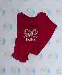 Image 1 of 🎀 Red Frill Girls Pyjamas – Personalised with Embroidered Bow & Hearts