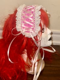 Image 4 of pink pvc headdress w/ white lace