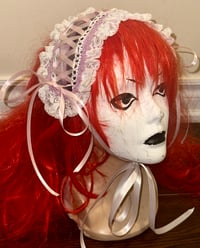 Image 1 of pink plaid headdress w/ white lace