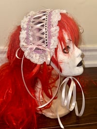 Image 2 of pink plaid headdress w/ white lace