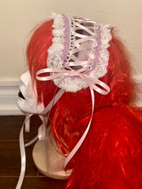 Image 4 of pink plaid headdress w/ white lace