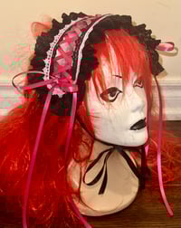 Image 1 of pink plaid headdress w/ black lace