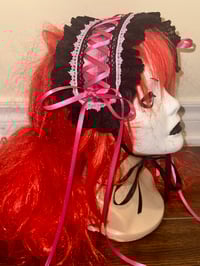 Image 2 of pink plaid headdress w/ black lace