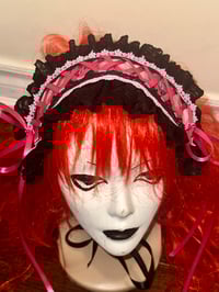 Image 5 of pink plaid headdress w/ black lace
