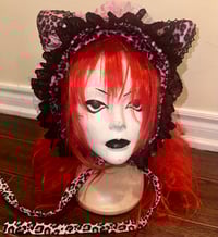Image 1 of black x pink leopard cat ear hat/bonnet