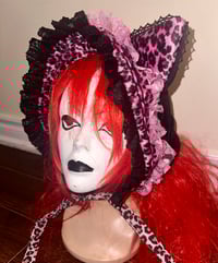 Image 4 of black x pink leopard cat ear hat/bonnet