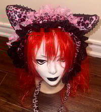 Image 5 of black x pink leopard cat ear hat/bonnet
