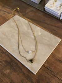 Image 1 of Two lined Heart Pearl Necklace Stainless Steal - No. 4