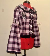 Image 1 of pink plaid logo print long-sleeve blouse