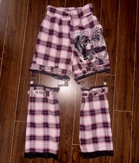 Image 1 of pink plaid “arachnid” print bondage pants