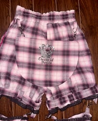 Image 6 of pink plaid “arachnid” print bondage pants