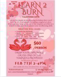 Feb 7th Learn to Burn Valentines Pyrography Workshop Ticket 