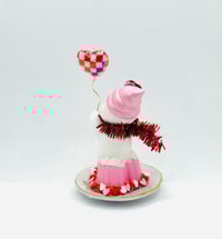 Image 2 of Strawberry heart shaped Bundt cake with checked balloon and “be mine “ conversation heart