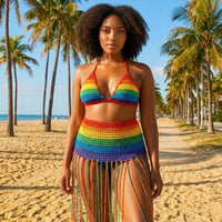 Image 1 of 2-PC Rainbow Crochet Set - Colorful Crochet Dress with Fringes