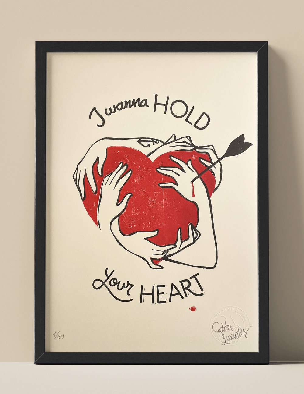Image of I wanna hold your heart / you hard linocut art print