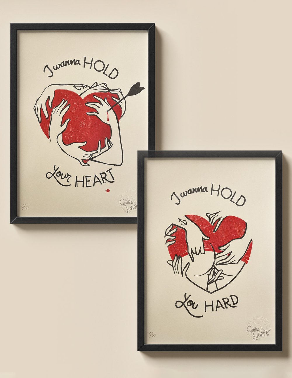 Image of I wanna hold your heart / you hard linocut art print