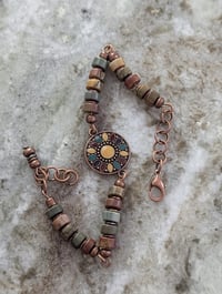 Image 1 of Jasper and Copper Bracelet with Jewel-Tone Mosaic Sun Design