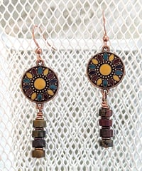 Image 1 of Picasso Jasper Dangle Earrings with Jewel-Tone Mosaic Sun Design