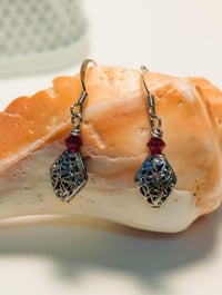 Image 2 of Silver Filigree & Red Bead Dangle Earrings