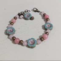 Image 1 of Bracelet - Blue Daisy, Czech Glass, Pink Jade, Adjustable