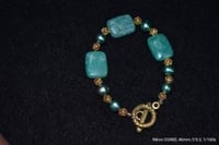 Image 3 of Handmade Bracelet - Amazonite and freshwater pearls with plated gold finishes and a toggle clasp