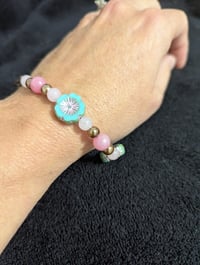 Image 2 of Bracelet - Blue Daisy, Czech Glass, Pink Jade, Adjustable