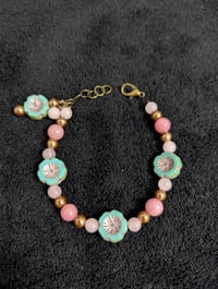 Image 6 of Bracelet - Blue Daisy, Czech Glass, Pink Jade, Adjustable