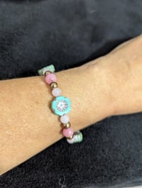 Image 8 of Bracelet - Blue Daisy, Czech Glass, Pink Jade, Adjustable