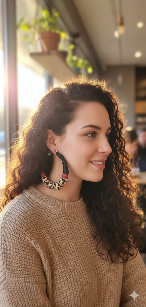 Image of Red Leopard Bamboo Hoop Earrings