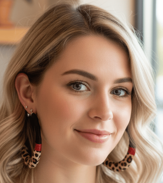 Image of Red Leopard Bamboo Hoop Earrings