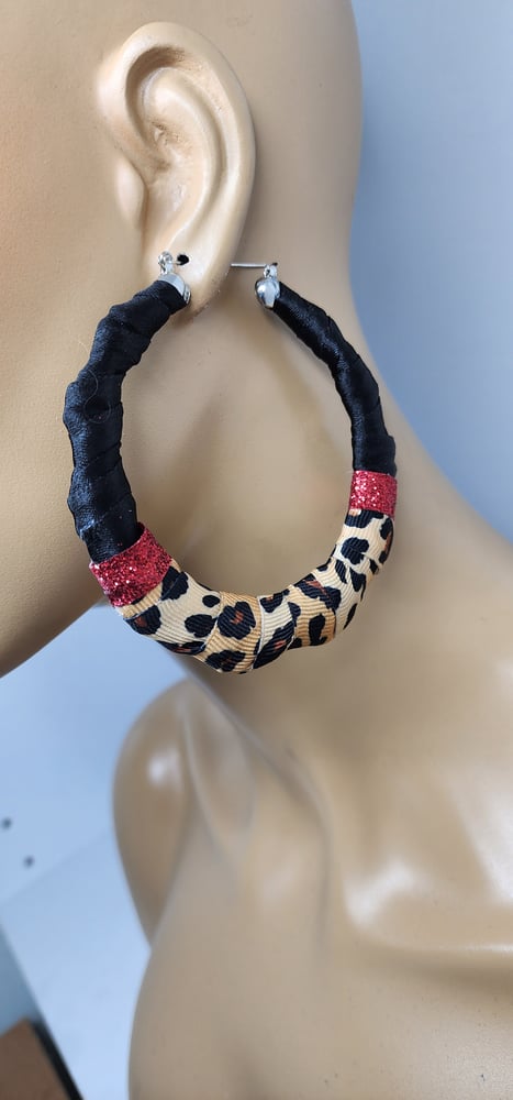 Image of Red Leopard Bamboo Hoop Earrings