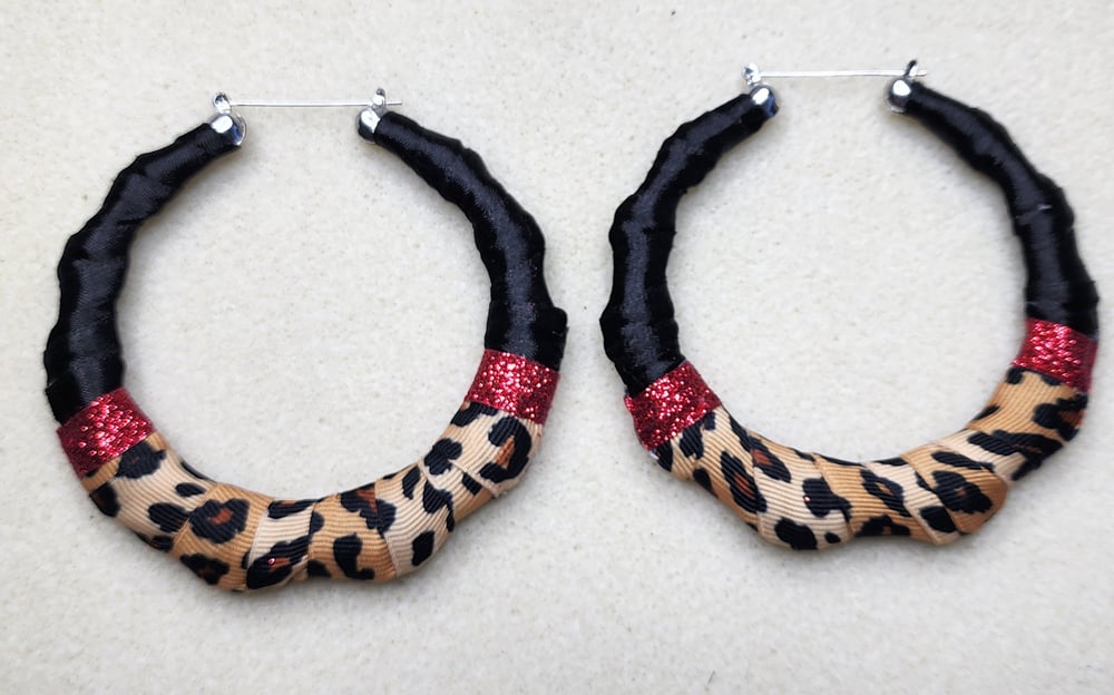 Image of Red Leopard Bamboo Hoop Earrings