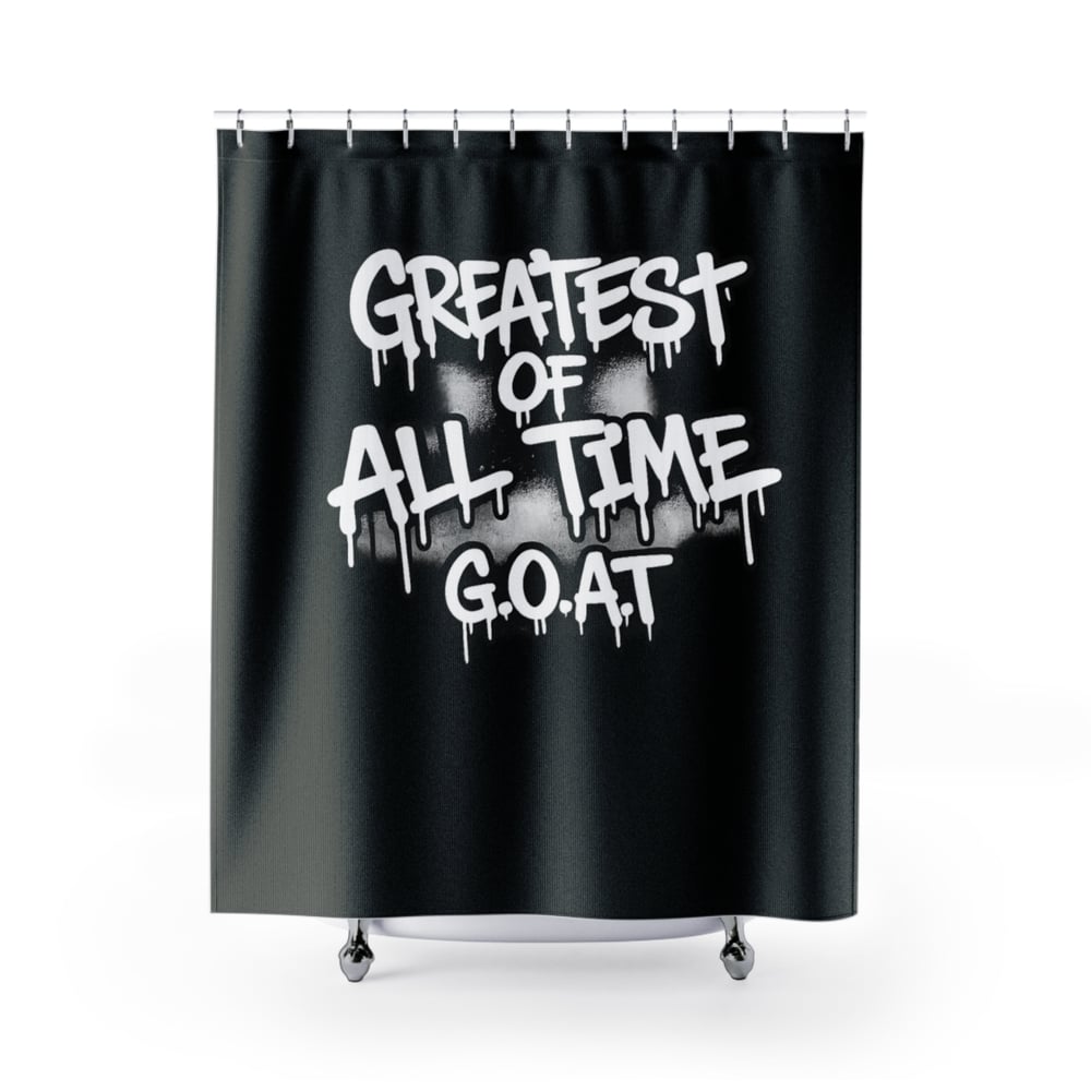 Image of GOAT 'Greatest of All Time' Black Shower Curtain — Bold Graffiti Bathroom Decor